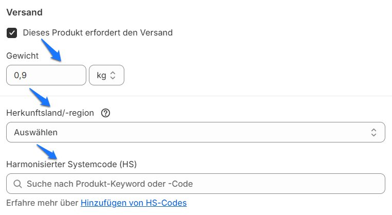 Gewicht HS-Code Herkunftsland