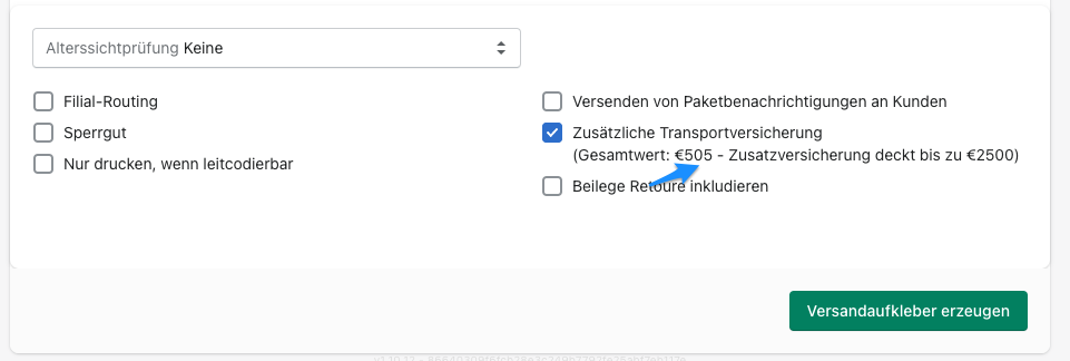 Zusätzliche Transportversicherung Labelerstellung