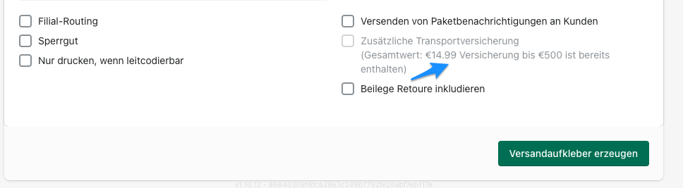 Zusätzliche Transportversicherung Labelerstellung 2